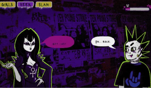 Slamdating hand-drawn punk character against a wall of concert flyers
