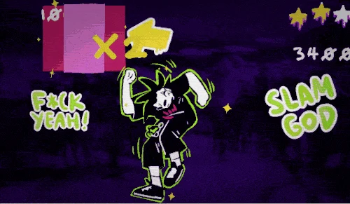 Slamdating punk character dancing beneath left and right rhythm prompts