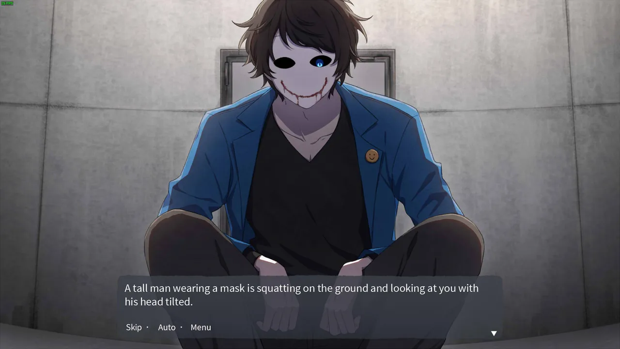 Bloody Painter Dating Sim masked man crouching against a wall