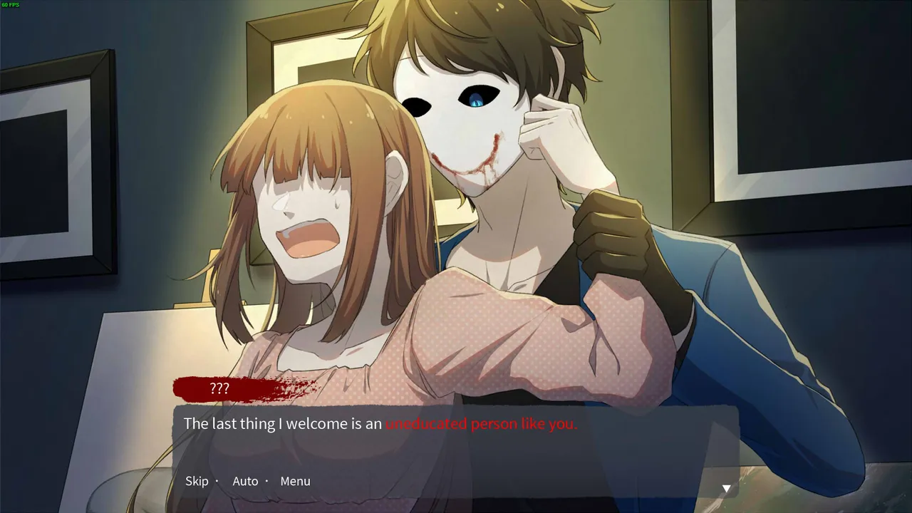 Bloody Painter Dating Sim killer holding the captive from behind