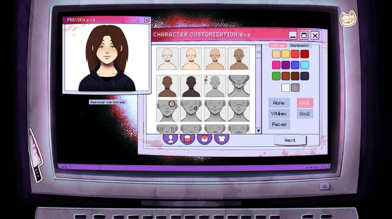 CreepyDates character customizer with color controls and a protagonist preview