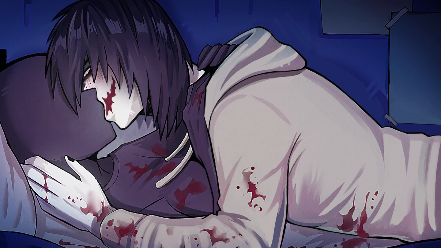 A bedroom visitor resembling Jeff the Killer in CreepyDates CHAPTER 4