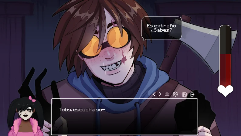 CreepyDates conversation with Ticci Toby showing the heart meter and dialogue controls