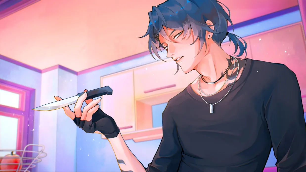 Knee Deep dark-haired love interest holding a knife