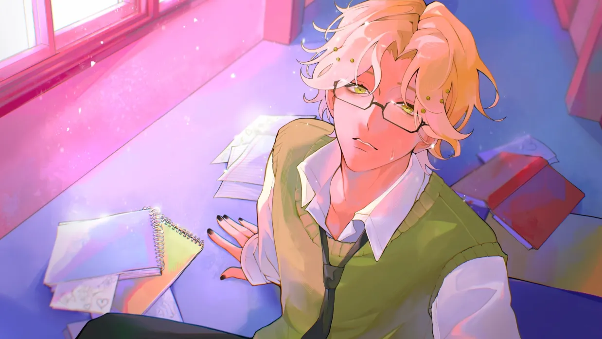 Knee Deep blond love interest among scattered papers