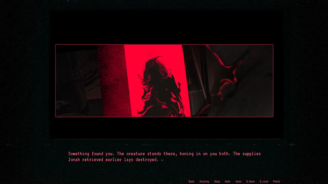 Site Burial red CG of a silhouette behind glass