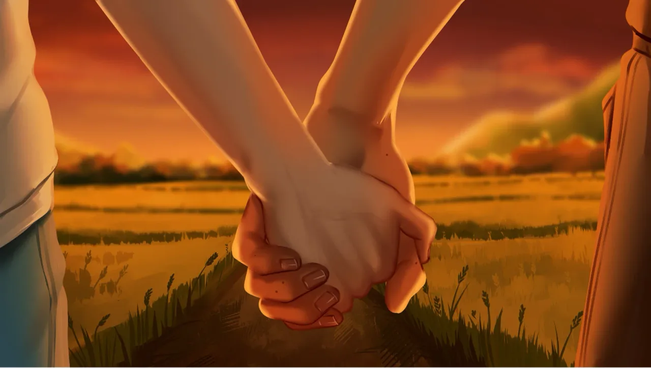 A handholding scene in a field in The False Sun